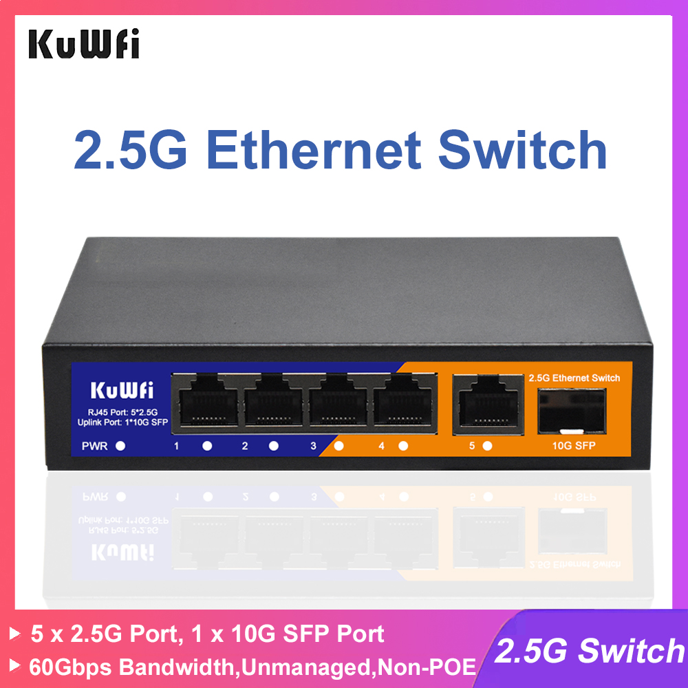 Switch 5 Port 2.5G Unmanaged - KuWFi 2.5G ネットワークスイッチ、5ポート、2.5G RJ45、10G SFP、プラグアンドプレイ、ファンレス、アンマネージド、イーサネットスイッチ、PoE非対応、家庭用CCTVカメラ用。