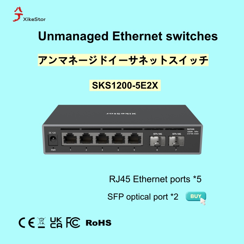 Switch 5 Port 2.5G Unmanaged - XikeStor 無管理型イーサネットスイッチ、SKS1200-5E2X、5つのJ45電気ポート、100/1000/2500M（2.5G）、2つのSFP+光ポート、10G