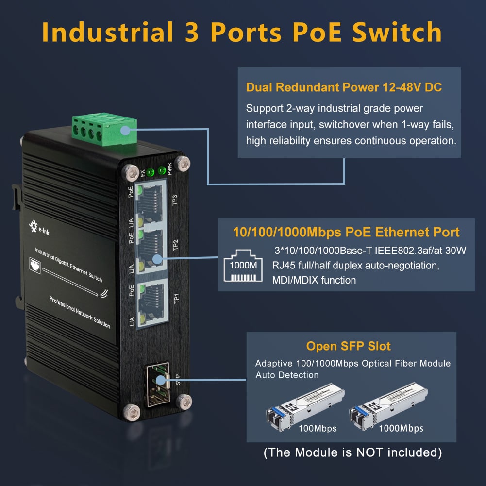 Industrial Switch Din Rail Gigabit - ミニ産業用4ポート10/100/1000MbpsギガビットイーサネットPOE+スイッチ（SFPポート搭載、DINレール/壁掛け対応、12-48V DC）