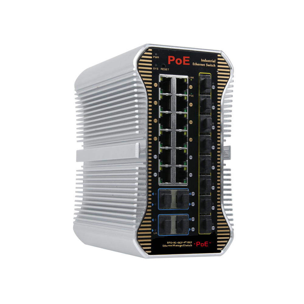 Switch 24 Port 10G Uplink - 24ポート10Gアップリンク対応、管理機能付き産業用6KV PoEスイッチ。12ポート×1000Mbps PoEポート、8ポート×1000Mbps SFPポート、4ポート×10G SFPポート、240W対応、VLAN分離機能搭載。