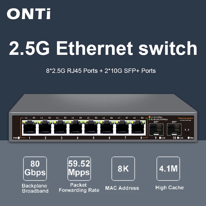 8 Port 2.5G Switch Unmanaged - ONTi 2.5G 無管理型イーサネットスイッチ、8ポート、2.5GBASE-Tネットワークスイッチ、10G SFP+ポート搭載、プラグアンドプレイ、ファンレス、ホームラボ用スイッチ