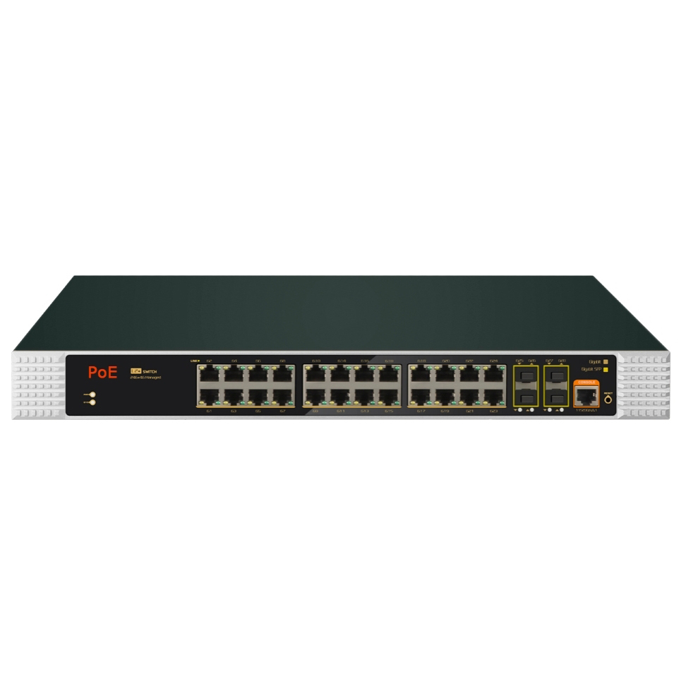 Managed Switch 24 Port Gigabit - ギガビット24ポートL2+マネージド産業用PoEスイッチ。24ポートPoE、4ポートSFP（VTS）を搭載。400W対応、VLAN分離機能、ラックマウント式。