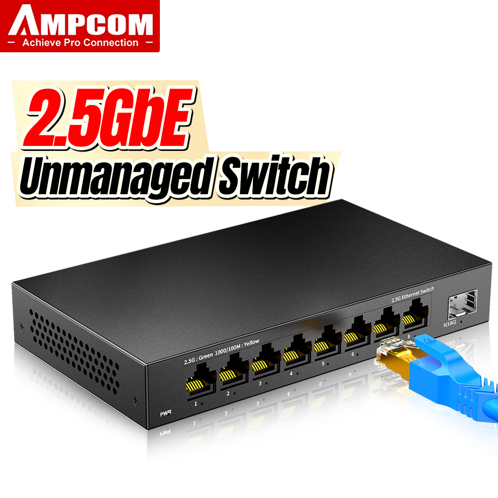 10G Sfp+ Switch 8 Port - ギガビットイーサネットスイッチ,Ampcom-2.5ギガビット,10g,10/100/1000Mbps,金属製ファンレスネットワークスイッチなし