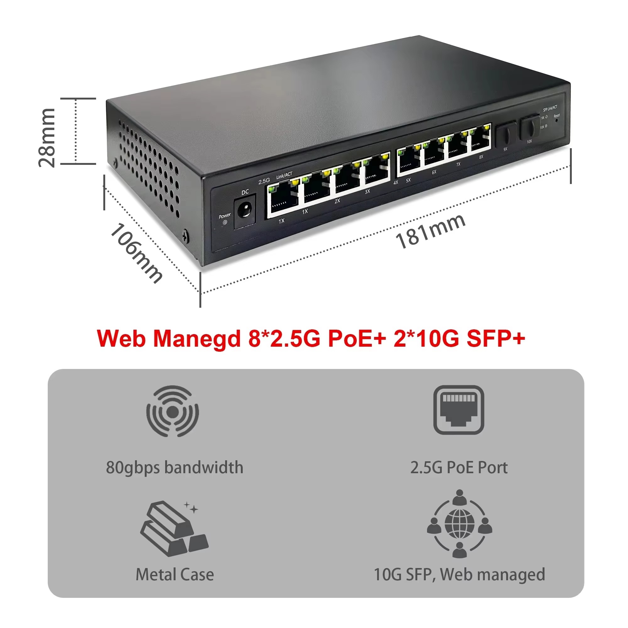 10G Sfp+ Switch 8 Port - 2.5G スマートウェブ管理対応 PoE スイッチ、8ポート、IEEE802.3af/at、120W、2つの10G SFP+ポート搭載、Wi-Fi 6