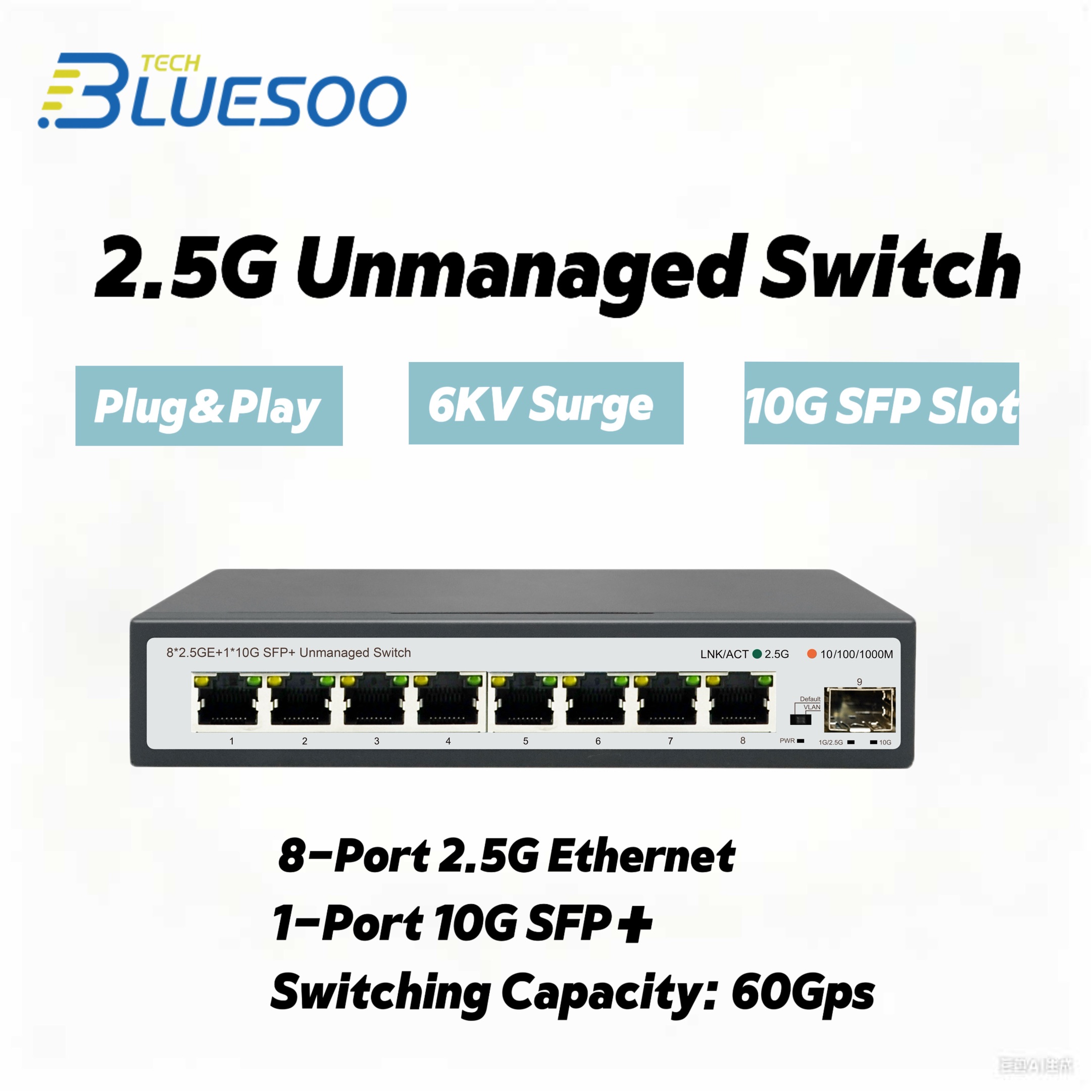 8 Port 2.5G Switch Unmanaged - 2.5G 8ポートマルチギガビットイーサネットスイッチ、8つの2.5Gbポートと1つの10Gb SFPアップリンクポート搭載、アンマネージド、プラグアンドプレイ